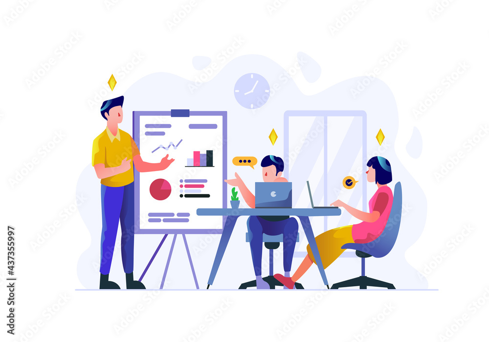 Business employer doing presentation discussion teamwork people character flat design style Vector Illustration
