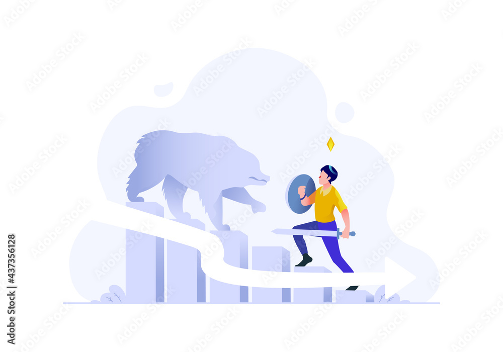 business finance man attacked bear profit loss decrease graph financial down income people character flat design style Vector Illustration