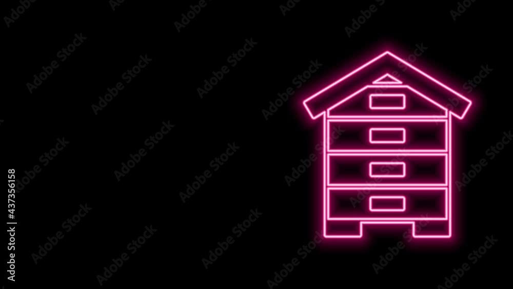 Glowing neon line Hive for bees icon isolated on black background. Beehive symbol. Apiary and beekeeping. Sweet natural food. 4K Video motion graphic animation Glowing neon line Hive for bees icon isolated on black background. Beehive symbol. Apiary and beekeeping. Sweet natural food. 4K Video motion graphic animation