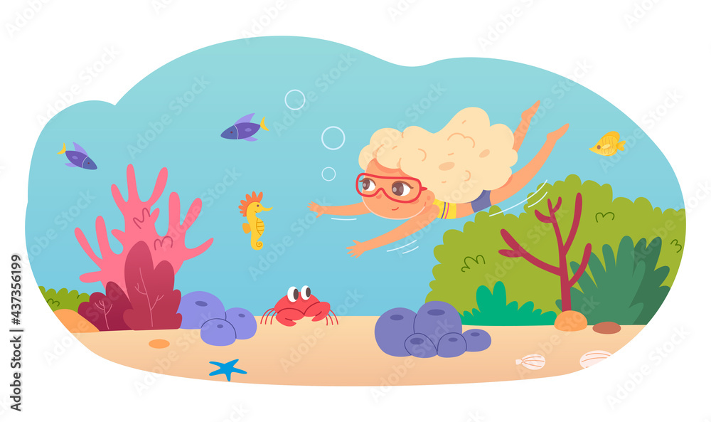 Obraz premium Little girl swimming underwater in sea. Child in water having fun in summer vector illustration. Happy kid in goggles diving and looking at fish and sea life, corals, animals