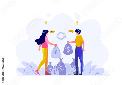 business finance man and women exchange money from dollar to euro pound sterling change people character flat design style Vector Illustration