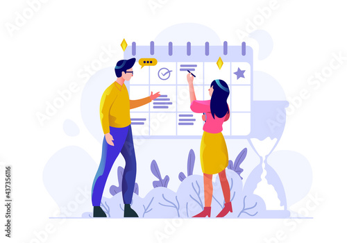 Business finance man and women managing schedule management work date calendar people character flat design style Vector Illustration