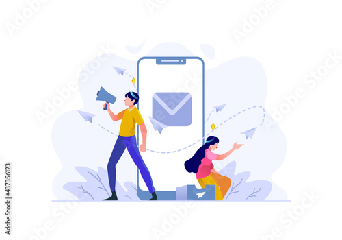 Business finance man and women team doing marketing pattern social media announcement send flat and outline design style Vector Illustration