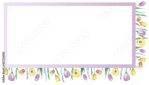 Aquarelle floral copy space frame with flowers. Watercolor hand painted square greeting card for wedding, easter, birthday, holidays. Frame different flowers.