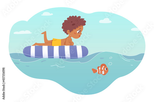 Little boy swimming on inflatable in sea. Child on water having fun and relaxing in summer vector illustration. Happy kid looking at fish and waves in ocean on white background