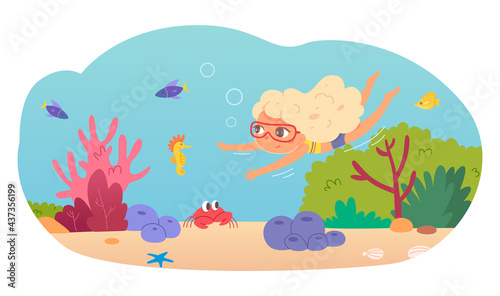 Little girl swimming underwater in sea. Child in water having fun in summer vector illustration. Happy kid in goggles diving and looking at fish and sea life, corals, animals