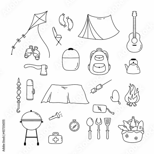 Set with icons for picnic and camping in doodle style. Vector  line   illustration.