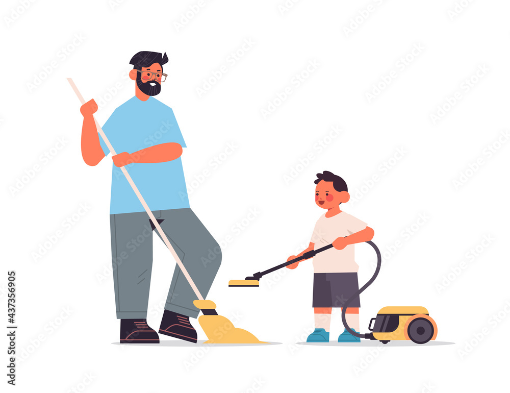 Obraz premium father and son cleaning living room parenting fatherhood friendly family concept dad spending time with his kid