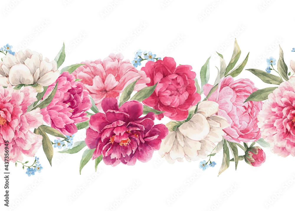 Beautiful seamless floral horizontal pattern with hand drawn watercolor gentle pink peony flowers. Stock illuistration.