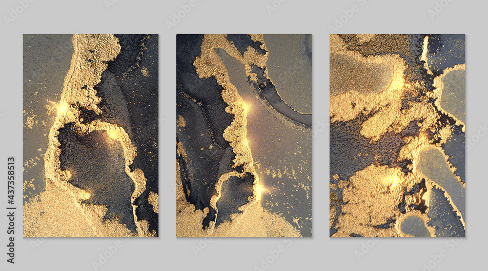 Set of marble patterns. Dark gray and gold geode textures with glitter. Abstract vector background in alcohol ink technique. Modern paint with sparkles. Backdrops for banner, poster. Fluid art - obrazy, fototapety, plakaty 