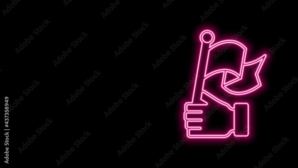 Glowing neon line Hand holding flag icon isolated on black background. Victory, winning and conquer adversity concept. 4K Video motion graphic animation Glowing neon line Hand holding flag icon isolated on black background. Victory, winning and conquer adversity concept. 4K Video motion graphic animation