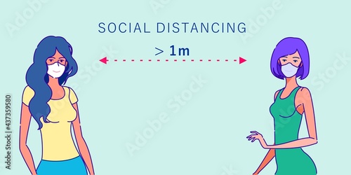 Covid-19 measures social distancing warning poster design. Two ladies vector illustration.