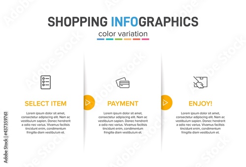 Concept of shopping process with 3 successive steps. Three colorful graphic elements. Timeline design for brochure, presentation, web site. Infographic design layout.