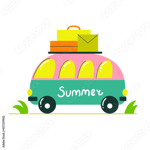 Cute family bus with luggage on the roof and the inscription summer goes on trip. Travel concept.