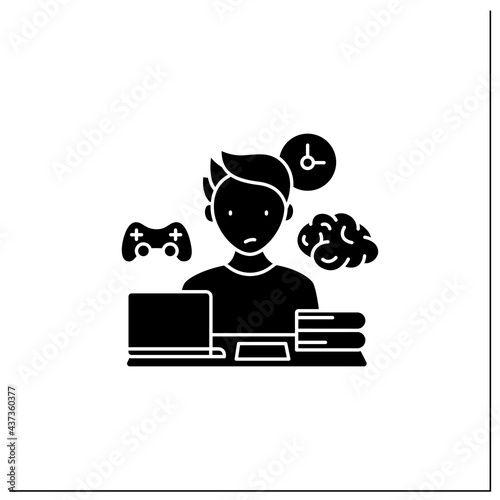 Brain procrastination glyph icon.Tired person. Need breaks.Too many tasks. Overload concept. Filled flat sign. Isolated silhouette vector illustration