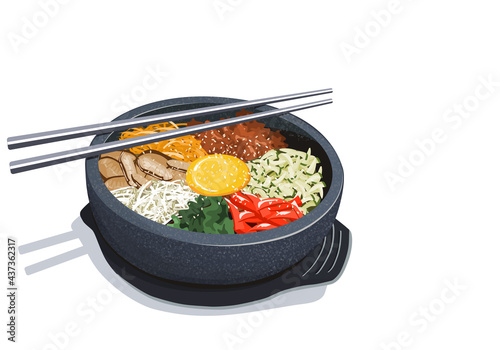 Bibimbap or bi bim bop Korean food in stone pot with chopsticks , rice mixing with various ingredients in stone bowl vector illustration. Isolated bibimbapon white background  . 