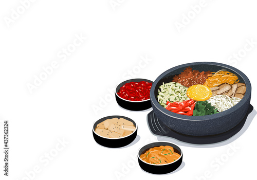 Bibimbap or bi bim bop Korean food in stone bowl , rice mixing with various ingredients in stone bowl vector illustration. Isolated bibimbap with side dishes on white background  . 