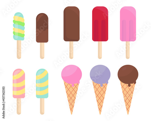 Collection of various multicolored ice cream. Vector illustration isolated on white background