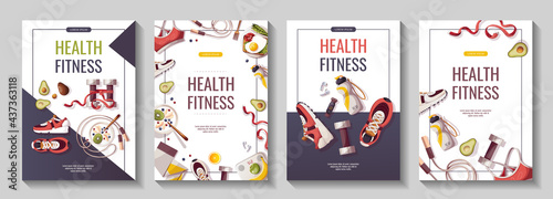 Set of flyers for Healthy lifestyle, natural food, motivation, sport equipment, fitness training, sportswear, workout. A4 vector illustration for poster, banner, flyer, special offer, advertising.