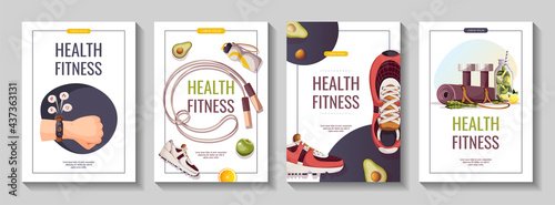 Set of flyers for Healthy lifestyle, natural food, motivation, sport equipment, fitness training, sportswear, workout. A4 vector illustration for poster, banner, flyer, special offer, advertising.