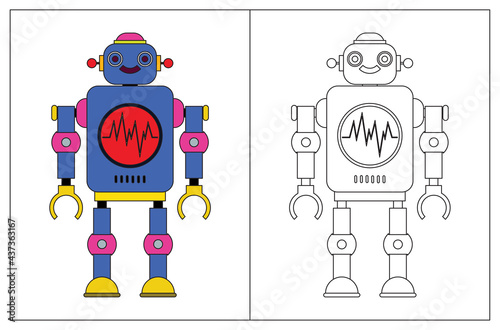 Funny robot cartoon, coloring book or page. Vector illustration.