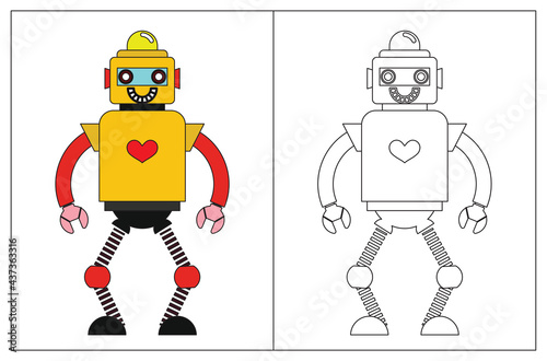 Funny robot cartoon, coloring book or page. Vector illustration.