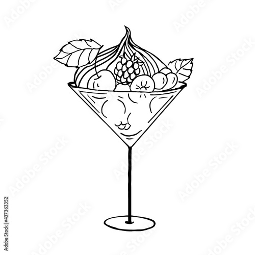 Fruit dessert with whipped cream in a glass creamer on a white background, black and white drawing in the style of doodle.Vector dessert can be used in menus,cafes, shops,textiles, postcards.
