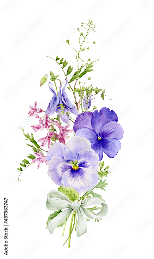 A beautiful bouquet with pansies, hyacinth and wild flowers tied with a ribbon. Watercolour illustration.