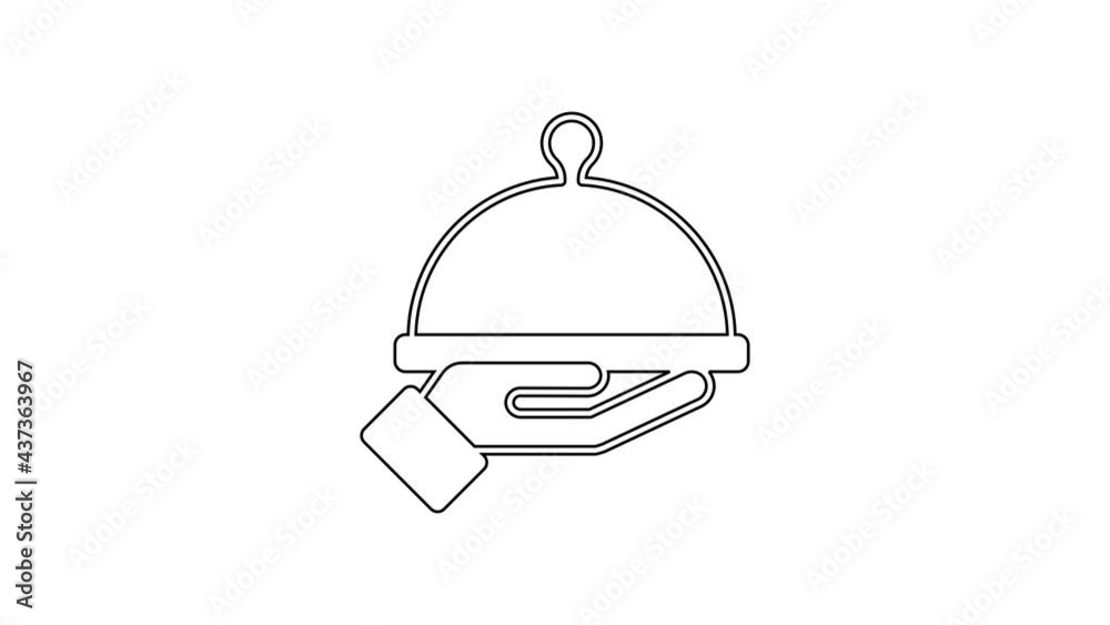 Black line Covered with a tray of food icon isolated on white background. Tray and lid sign. Restaurant cloche with lid. 4K Video motion graphic animation Black line Covered with a tray of food icon isolated on white background. Tray and lid sign. Restaurant cloche with lid. 4K Video motion graphic animation