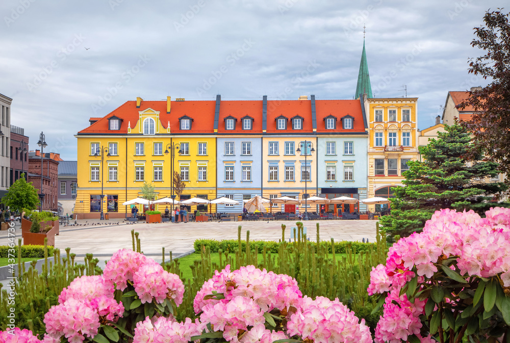 Bydgoszcz, Poland. View of Old Market (Stary Rynek) square with flowers on foreground