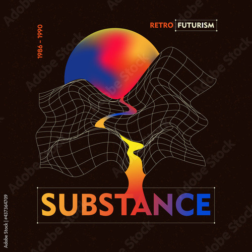 Abstract minimalistic banner in 80s retro-futurism style for social media, covers and splash screen on the site. Psychedelic landscape. Sci-Fi Background..