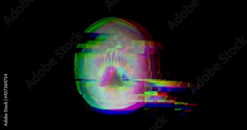 2K Bad Signal Digital animation, hologram human skull, x-ray head on black background. abstract motion animated footage with distorted glitch effect, damage, noise pixel elements. stock video footage