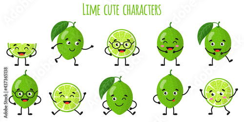 Lime citrus fruit cute funny cheerful characters with different poses and emotions.