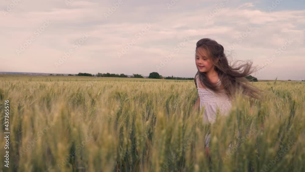 Happy little girl runs through a green wheat field with outstretched arms. A little girl runs towards her dream. Child have fun in the park. Happy child in the park. A chidhood dream. Wheat field Happy little girl runs through a green wheat field with outstretched arms. A little girl runs towards her dream. Child have fun in the park. Happy child in the park. A chidhood dream. Wheat field