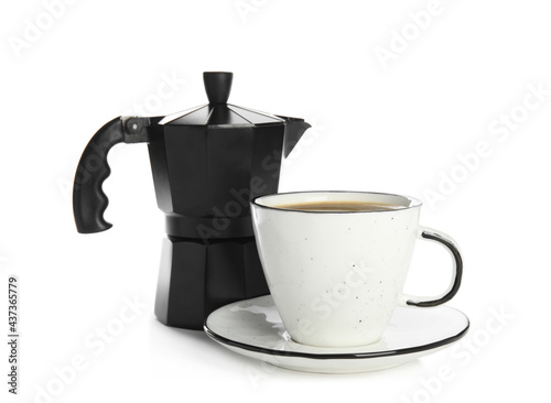 Cup of coffee and moka pot on white background