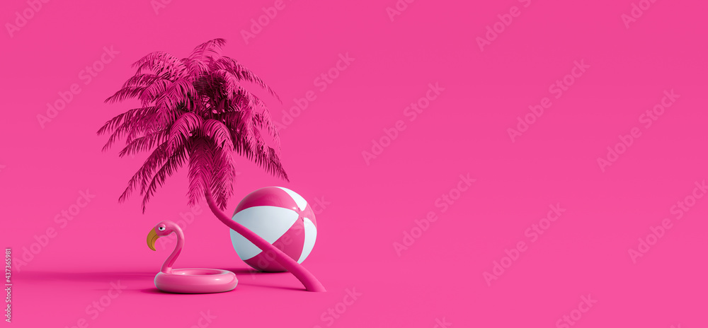 Pink flamingo and palm tree on pink summer background 3D Rendering, 3D Illustration - obrazy, fototapety, plakaty 