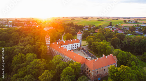 Aerial panorama of historical Panemune castle in Vytenai, Jurbarkas district. Lithuania historical travel destination photo