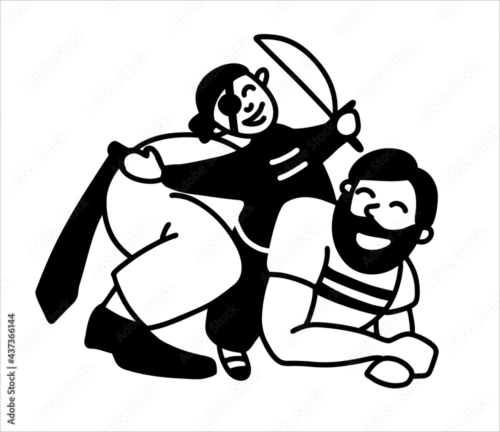 Dad plays with the baby. A father rides his son on his back, dressed as a pirate. A fun joint game of dad and baby. Illustration in black and white, on an isolated background, for cutting on a plotter