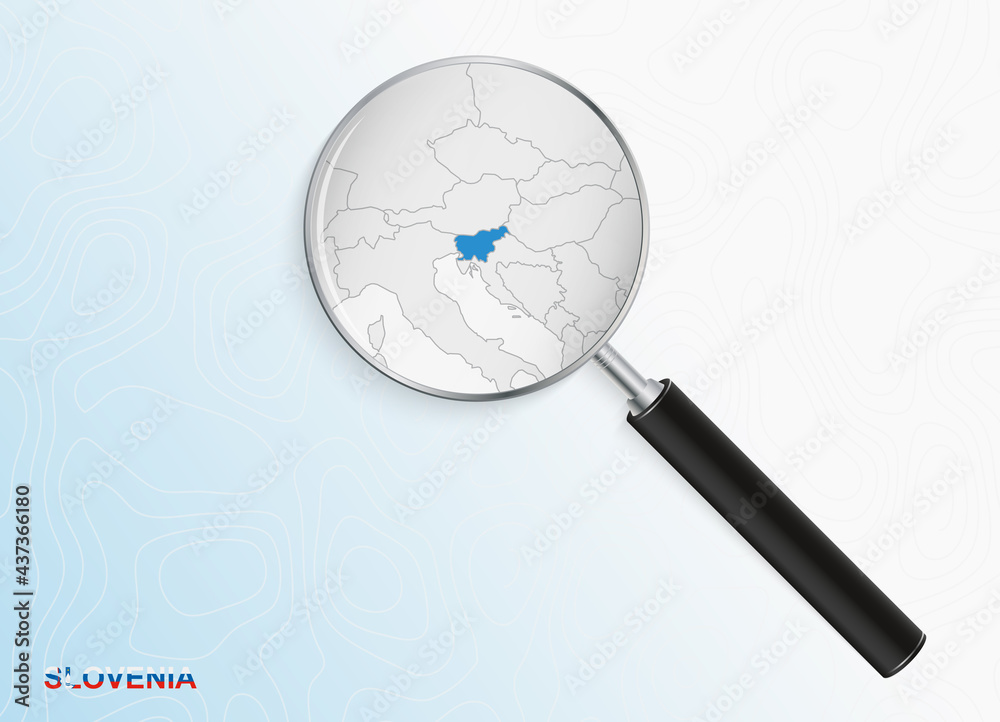 Magnifier with map of Slovenia on abstract topographic background. Magnifier with map of Slovenia on abstract topographic background.