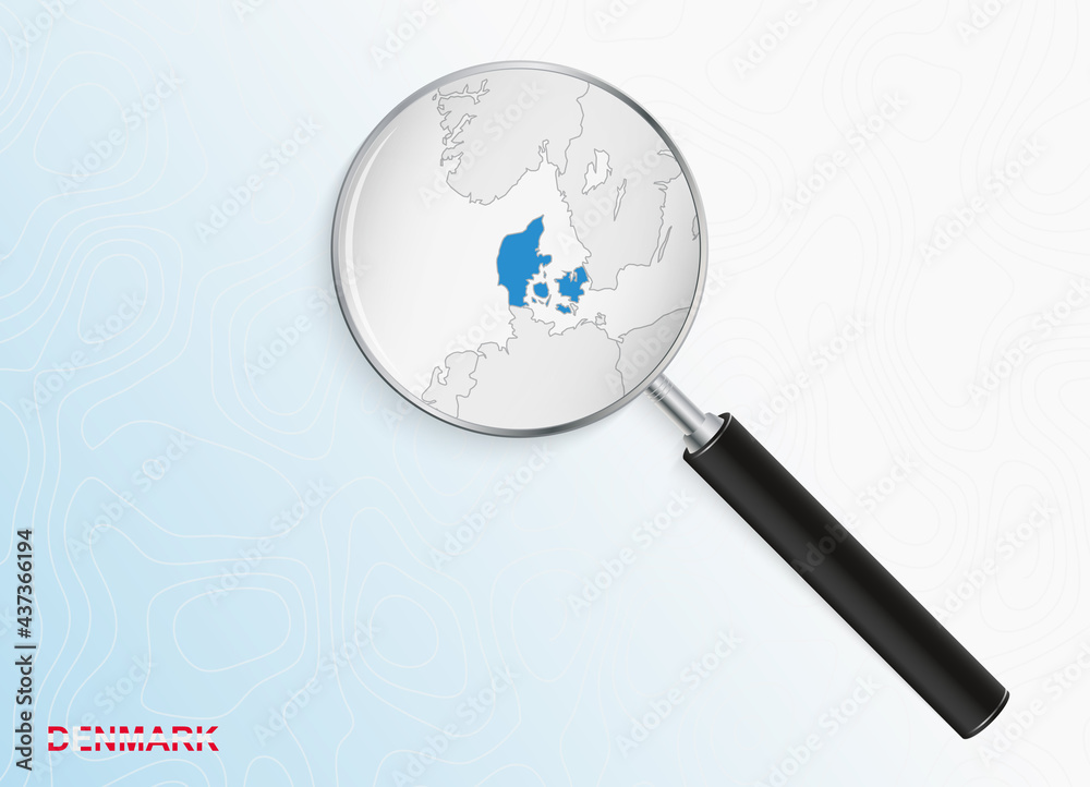 Magnifier with map of Denmark on abstract topographic background. Magnifier with map of Denmark on abstract topographic background.