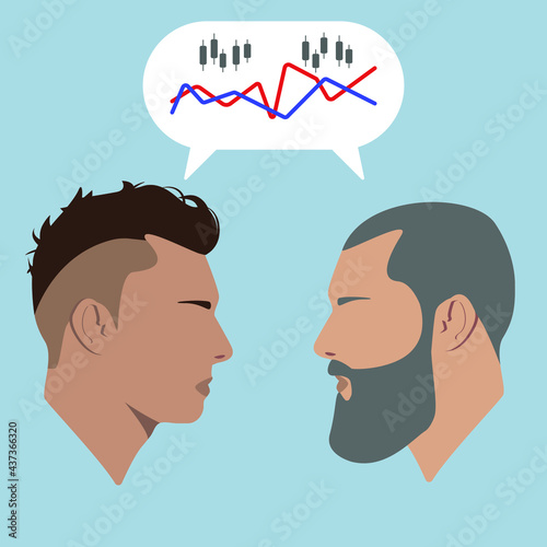 Silhouettes. Portraits. Dialogue of two men. Guys. Talk about stock exchange. Two guys are talking. Conversation. Bearded men. Businessmen. Stock market. Trading graph, exchange.