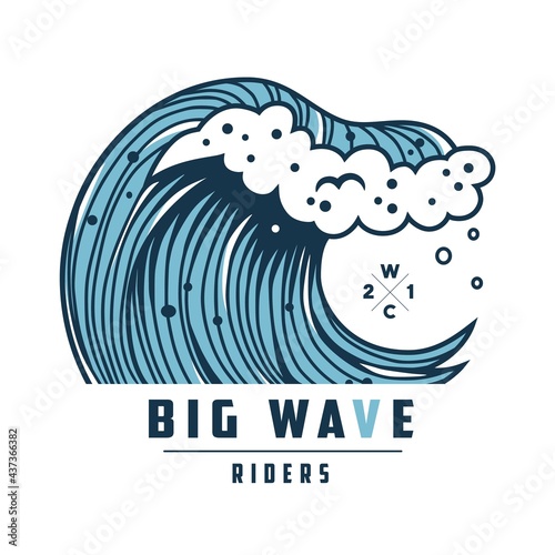 Summer wave with foam for surfing hawaii print. Wavy sea or ocean for nautical t-shirt design. Logo of summer marine tide