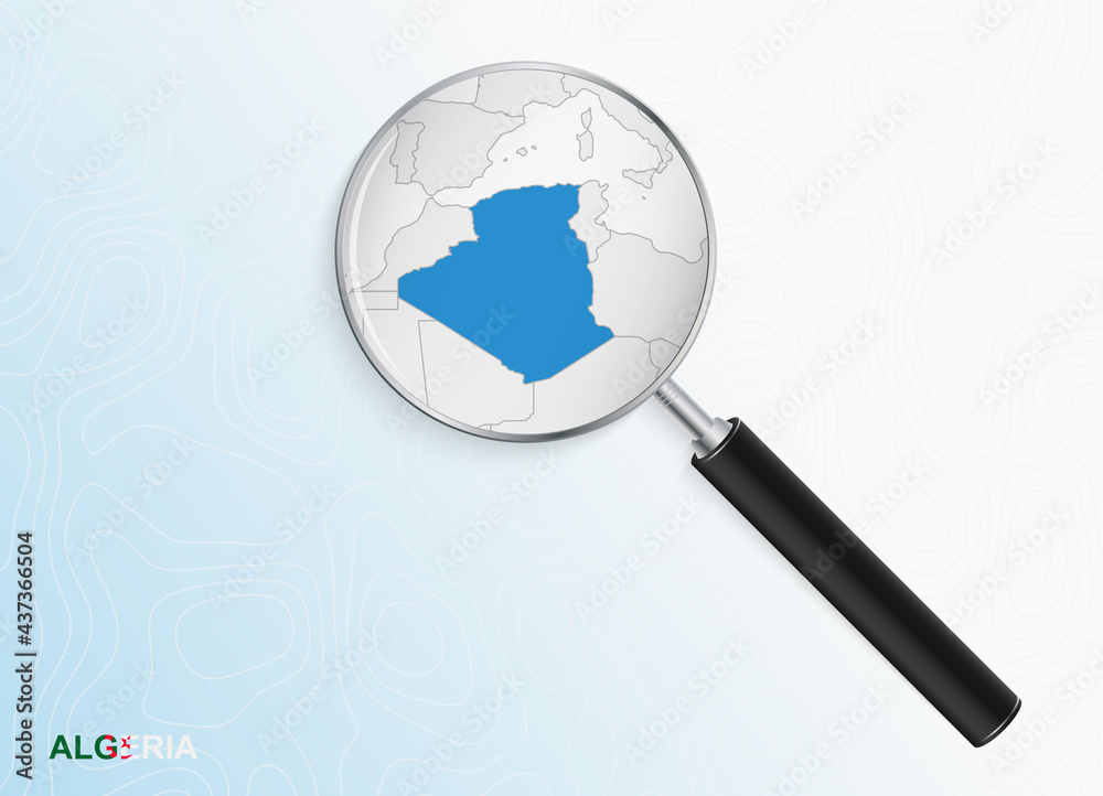 Magnifier with map of Algeria on abstract topographic background. Magnifier with map of Algeria on abstract topographic background.