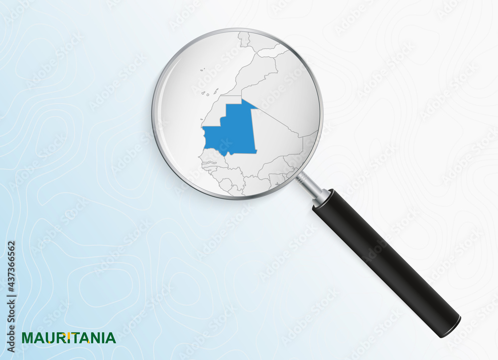 Magnifier with map of Mauritania on abstract topographic background. Magnifier with map of Mauritania on abstract topographic background.