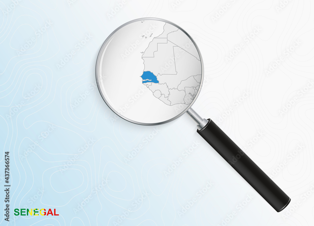 Magnifier with map of Senegal on abstract topographic background. Magnifier with map of Senegal on abstract topographic background.