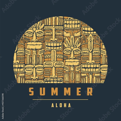 Summer surfing. Exotic hawaii tiki mask for tropical surfing t-shirt print. Totem for tropic surf design