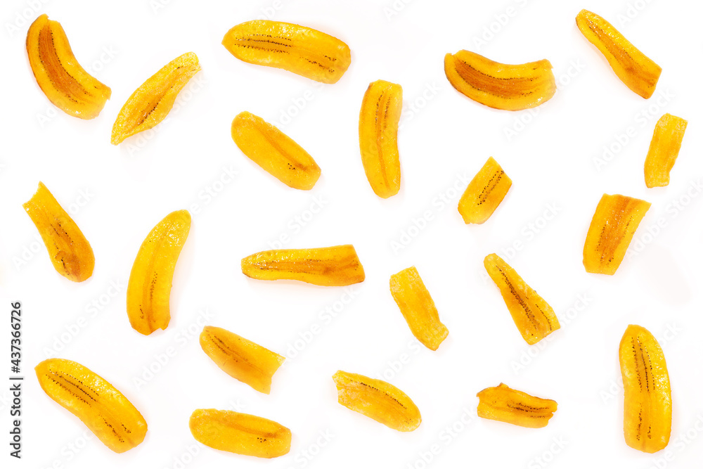 Banana chips background white. Banana chips background white.
