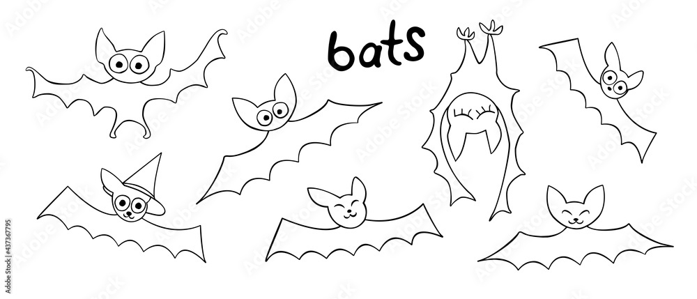 Vector cute outline bats hand drawn in cartoon doodle style. Black contour illustration isolated on white background. For Halloween design, greeting card, children coloring pages