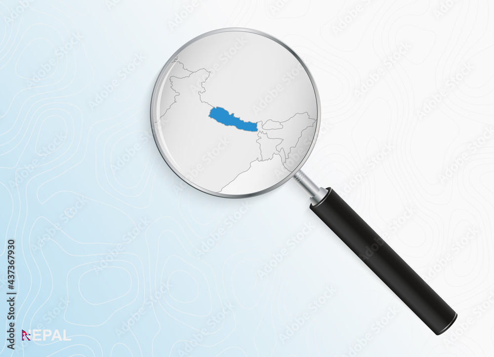 Magnifier with map of Nepal on abstract topographic background. Magnifier with map of Nepal on abstract topographic background.
