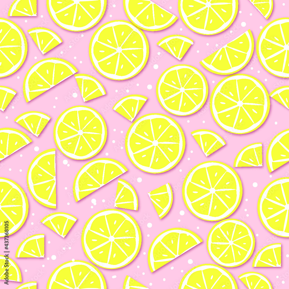 seamless pattern with lemons , pink background, citrus fruits drawing

